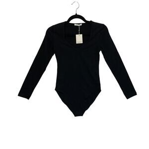 MANGOPOP Sweetheart Neckline Long Sleeve Bodysuit NWT Sz XS Black Lightweight
